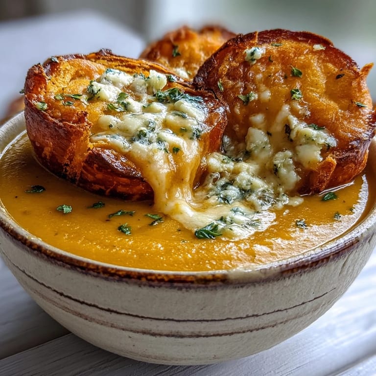 Close-up of creamy broccoli and butternut squash soup with a golden puff pastry garnish on a rustic table setting.