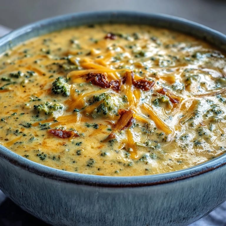 Ready to serve Broccoli Cheddar Soup with a grilled cheese sandwich for a comforting, cheesy American lunch on a cold day.