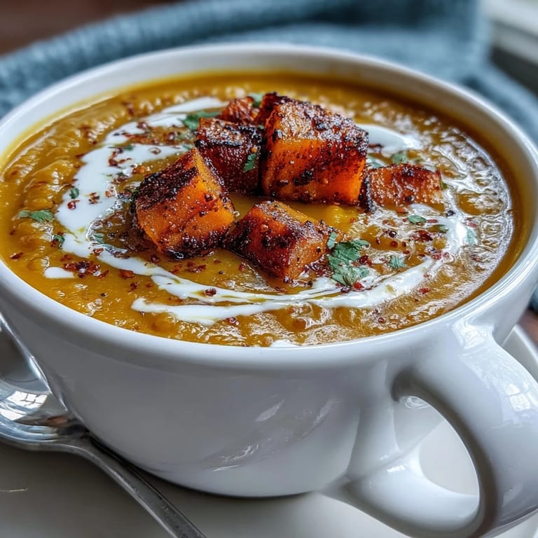 Golden roasted butternut squash and lentil soup, pureed until creamy, served steaming hot with a side of crusty gluten-free bread.