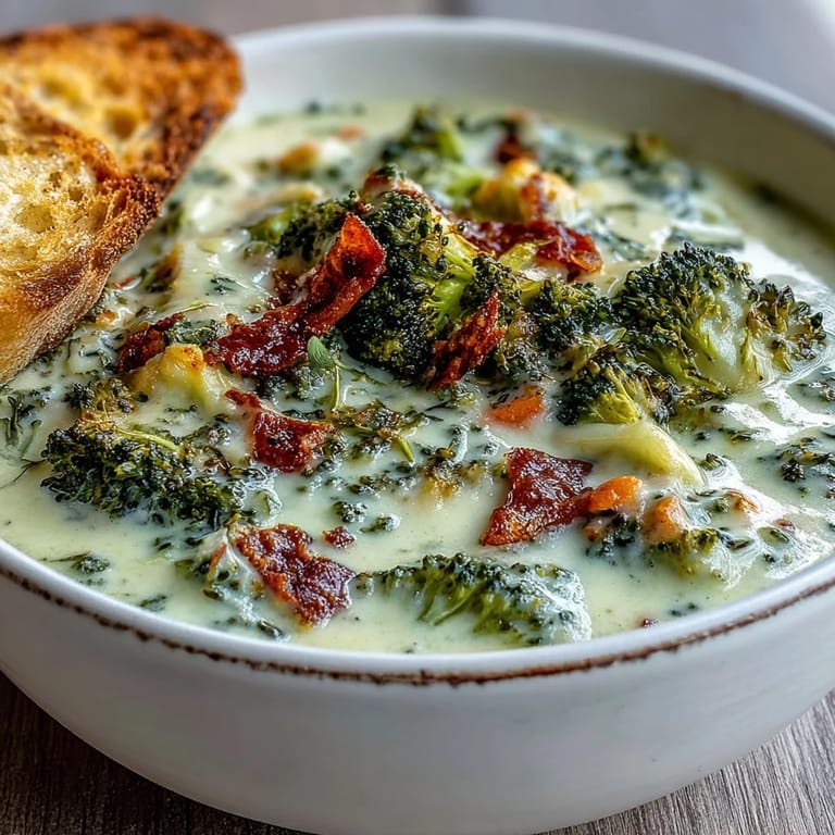Smooth, velvety Roasted Broccoli Cheddar Soup in a rustic bowl with vibrant green broccoli garnish.