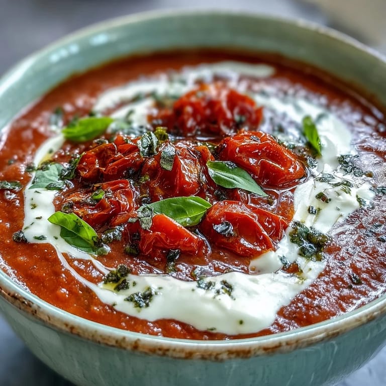 A rustic Italian-style Roasted Tomato Basil Soup steaming in a white bowl, garnished with fresh basil and drizzled with heavy cream.