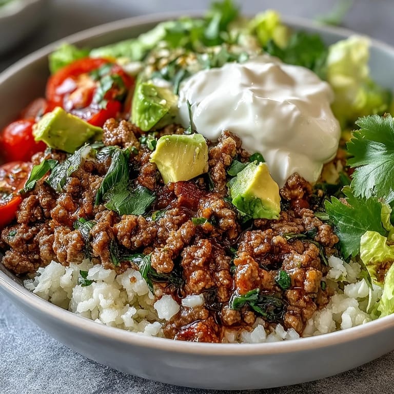 Colorful Low Carb Burrito Bowl garnished with cilantro and lime wedges, served as a satisfying Mexican-inspired gluten-free dinner.