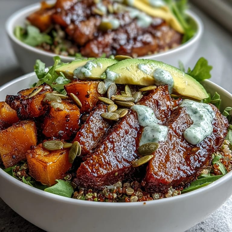 A close-up of a savory butternut squash steak bowl with creamy avocado and toasted pumpkin seeds.