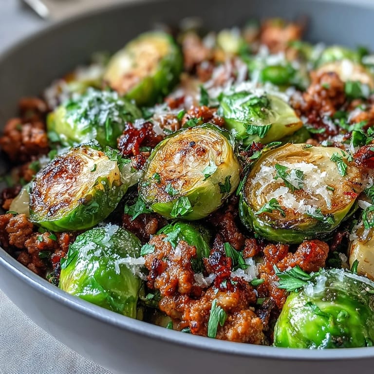 A close-up of the Brussels Sprouts & Ground Turkey Skillet, showing tender sprouts, juicy turkey, and a bright lemon garnish.