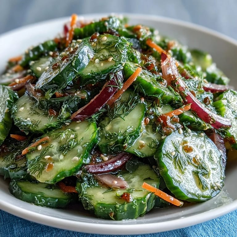 Close-up of freshly made Refreshing Crunchy Cucumber Salad, featuring glistening cucumber rounds and red onion in a savory-sweet dressing, perfect for summer lunches.