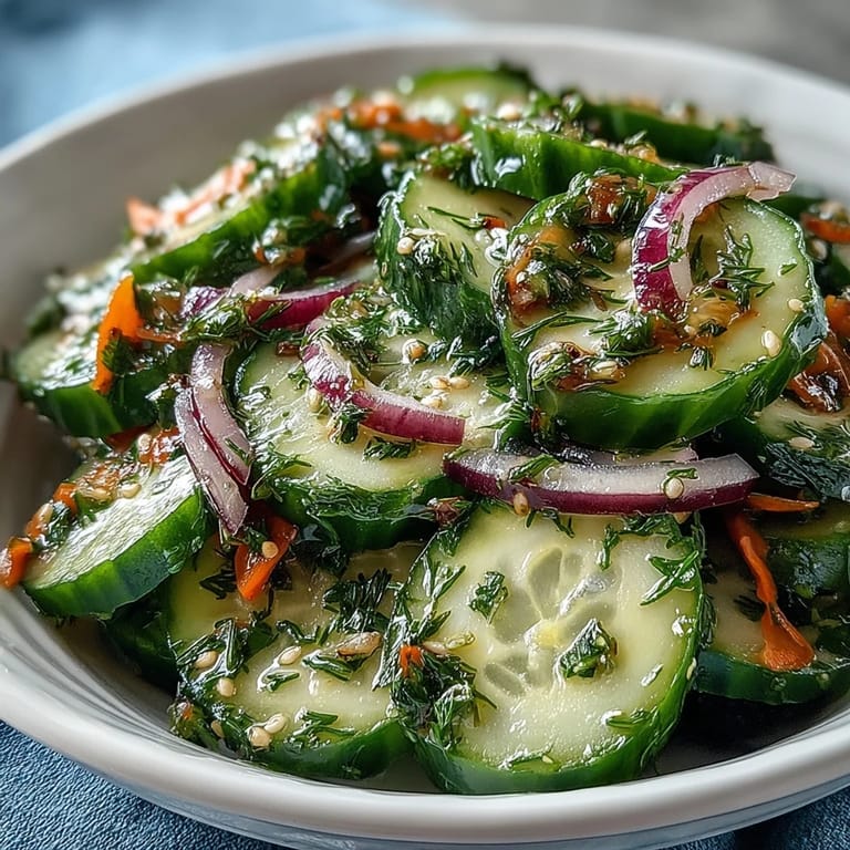 A chilled bowl of Refreshing Crunchy Cucumber Salad with julienned carrots and sesame seeds, ready to serve as a crisp, light side dish.