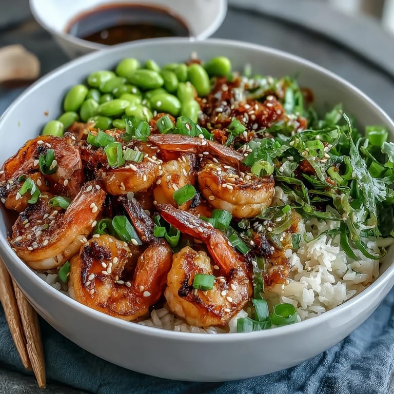 Juicy grilled shrimp and colorful vegetables rest on fluffy rice, ready for a tangy dressing drizzle.