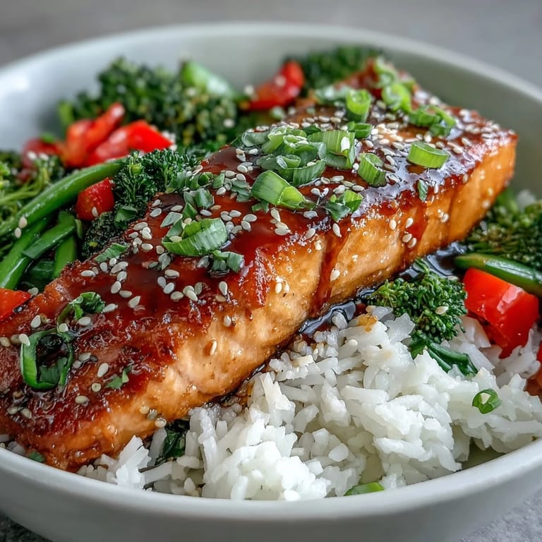 Steam rises from a bowl of fluffy rice topped with glazed salmon and crunchy vegetables, garnished with sesame seeds and green onions.