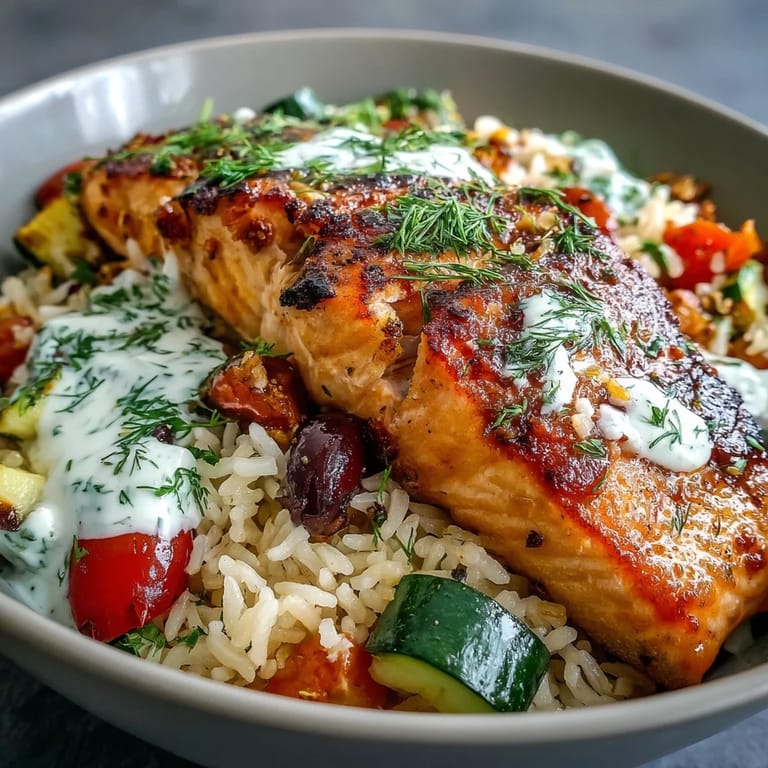 A close-up shows the Crispy Rice Salmon Bowl garnished with fresh dill and a zesty lemon-yogurt drizzle.  