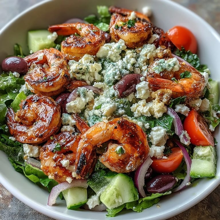 A close-up of a Greek Shrimp Bowl reveals a zesty lemon-olive oil dressing drizzled over the fresh ingredients.  