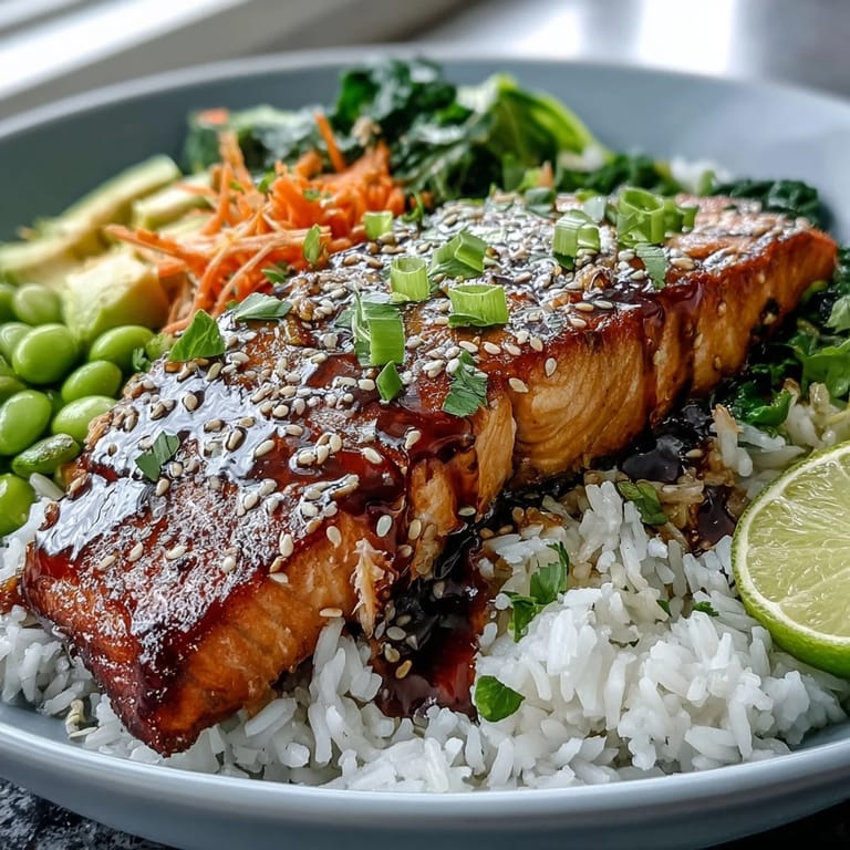 Close-up of a Soy Ginger Salmon Bowl, showcasing glistening salmon, steamed rice, and stir-fried vegetables.