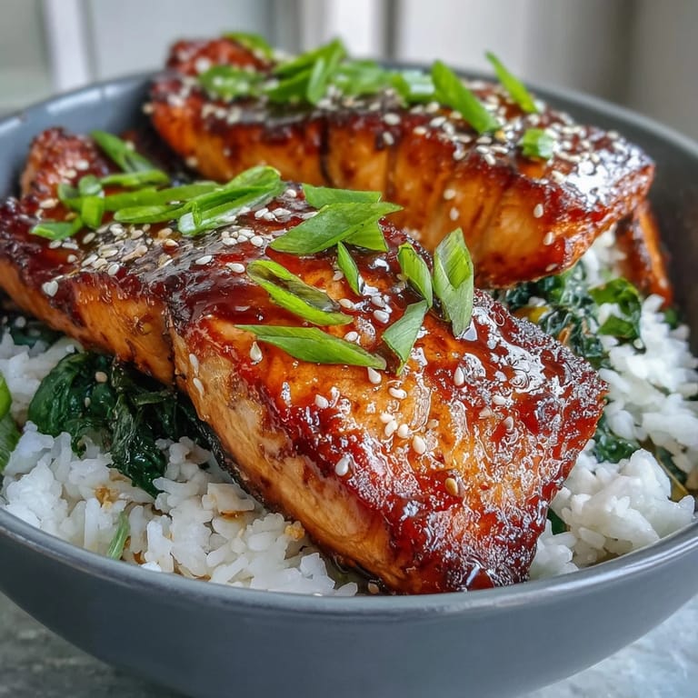 An overhead shot highlights caramelized miso glazed salmon atop jasmine rice and spinach, finished with toasted sesame seeds and fresh herbs.