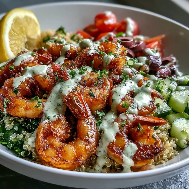 Healthy Mediterranean Shrimp Bowl with succulent shrimp, colorful vegetables, and a drizzle of tahini sauce, perfect for a quick weeknight dinner.
