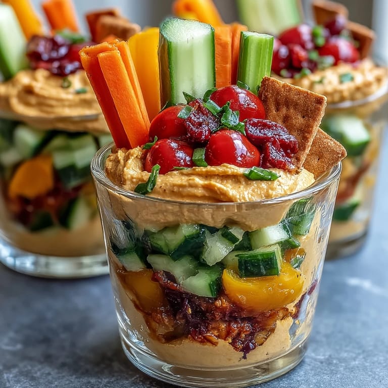 Vibrant hummus snack cups layered with colorful vegetable sticks, perfect for school lunches or road trips.