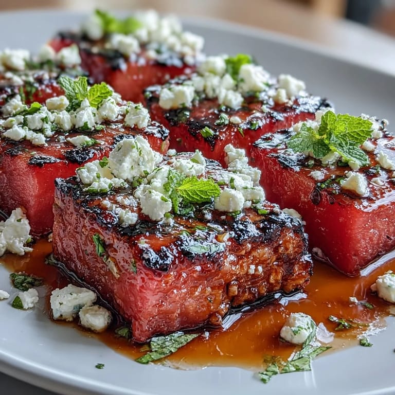 Grilled Watermelon Salad with Feta and Mint: Vibrant watermelon slices grilled to perfection, layered with salty feta, arugula, and a balsamic drizzle.