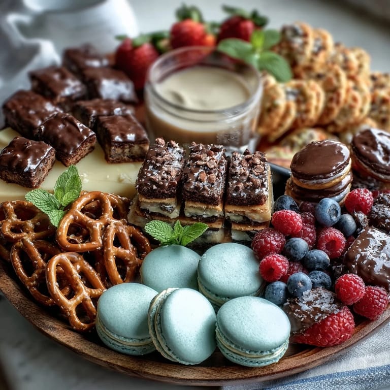 Colorful assortment of mini desserts and cake slices arranged on a board, great for festive gatherings.