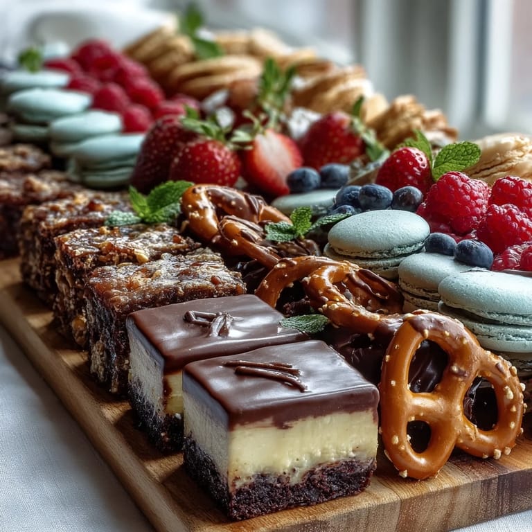Vibrant dessert board featuring mini brownies, fruit tarts, and cake slices, ideal for graduation celebrations.