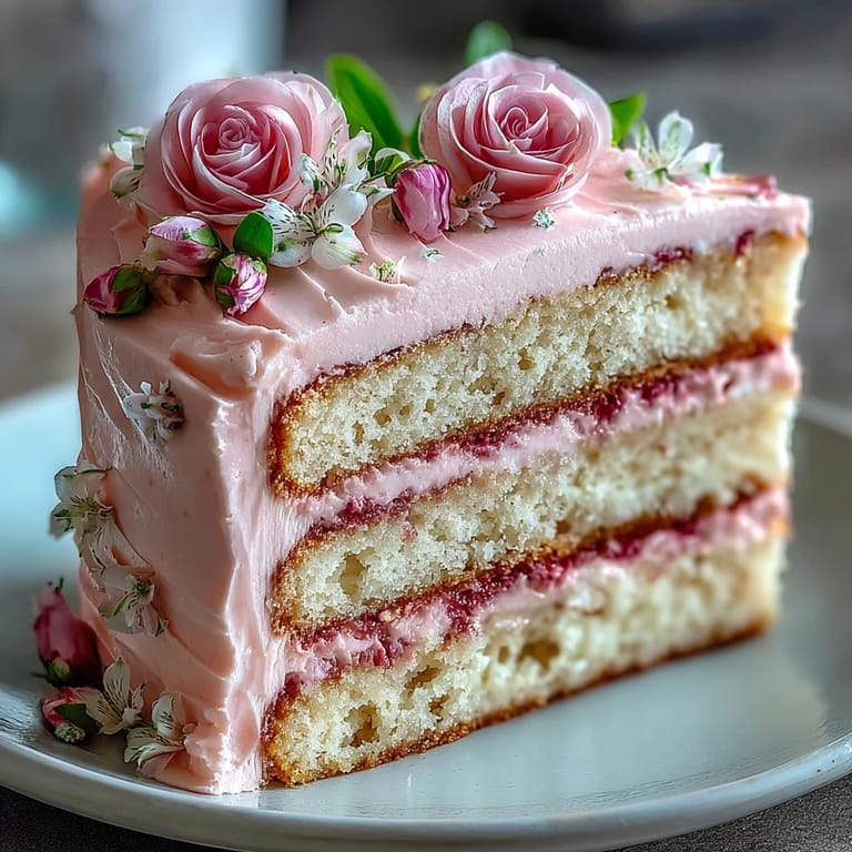 Beautiful layer cake with gradient pink buttercream and fresh edible flowers, perfect for Mothers Day.
