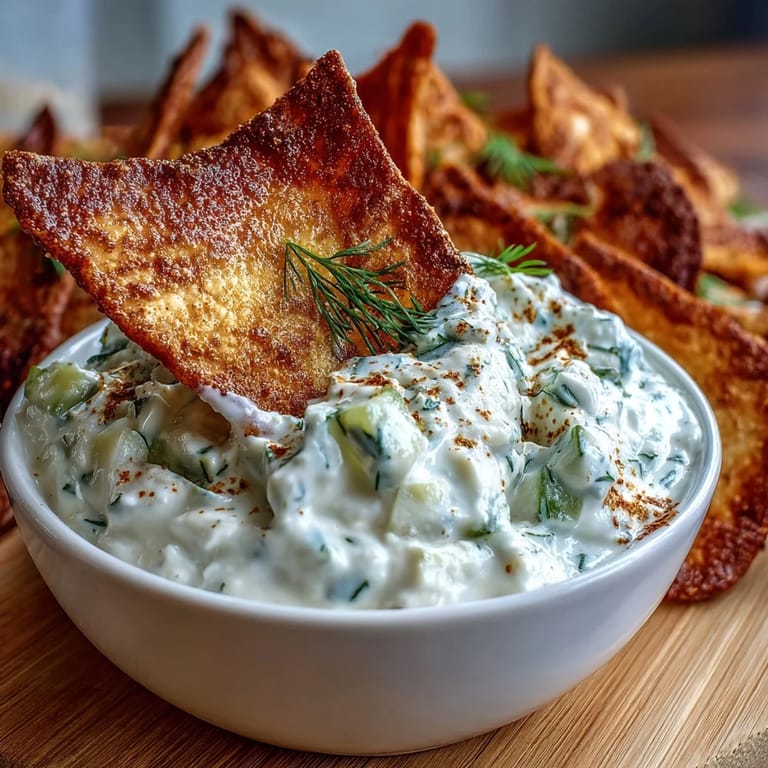 Golden-brown pita chips seasoned with sea salt and paprika, served alongside fresh, herby tzatziki dip.  