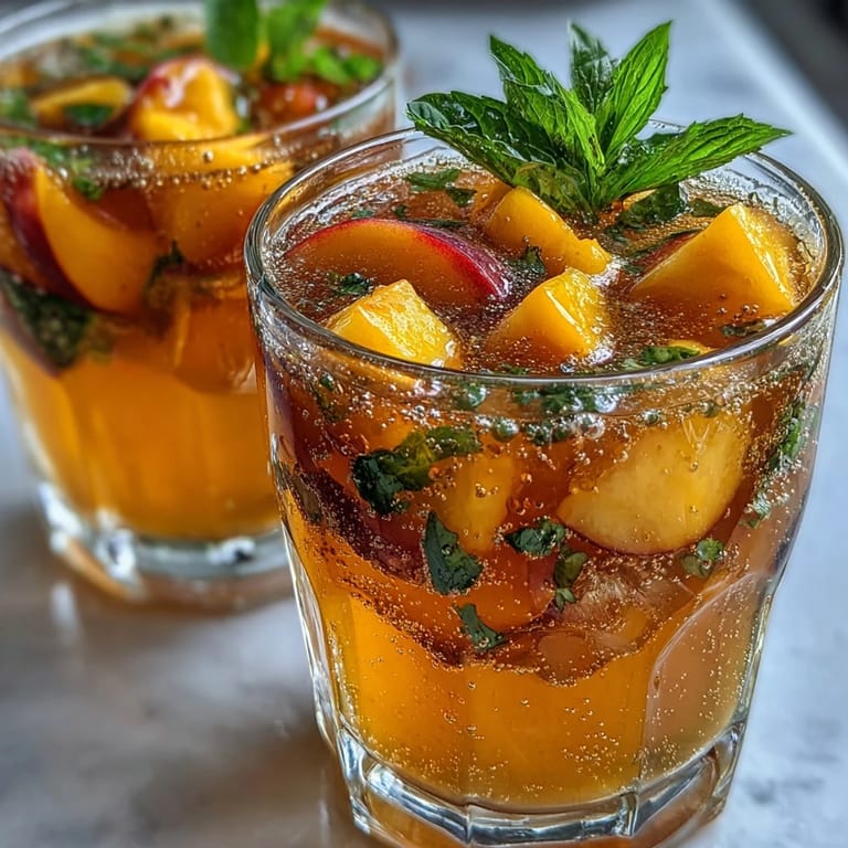 Refreshing summer beverage with mango and peach puree, sparkling tea, and ice cubes.