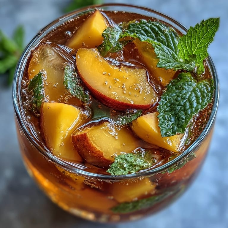 Elegant pitcher of mango peach sparkling tea, garnished with mint and fresh fruit slices.