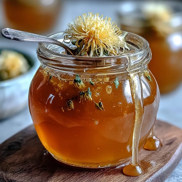 Bright, honey-like dandelion jelly spooned onto a buttered biscuit, capturing the soft texture and sunny color of this unique wildflower preserve.