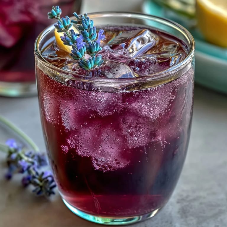 Vibrant purple lemonade refresher infused with lavender syrup and garnished with lemon slices for a cool, floral twist.