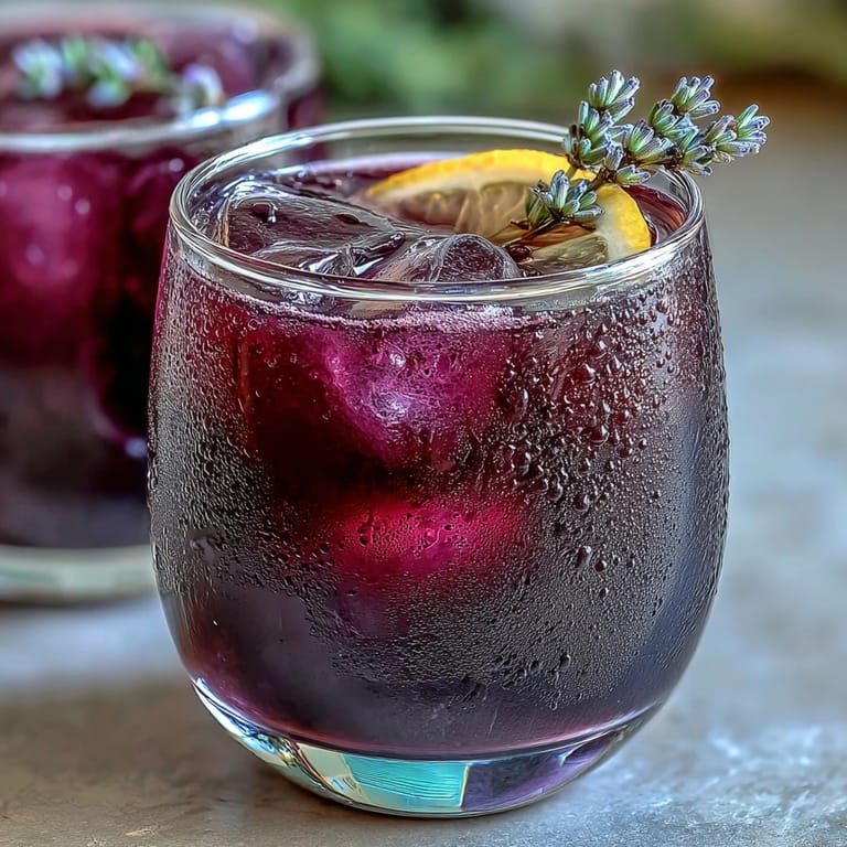 Cool lavender lemonade with a stunning purple hue, perfect for warm days and garden parties.