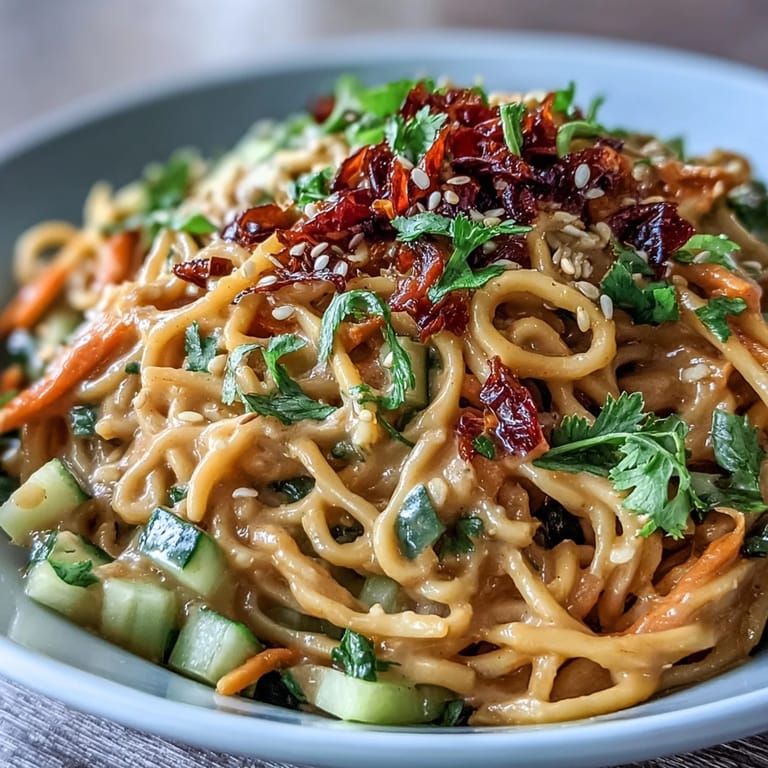 Creamy sesame noodles with julienned cucumber, carrots, and herbs, garnished with sesame seeds and chili for a bright, flavorful dish.