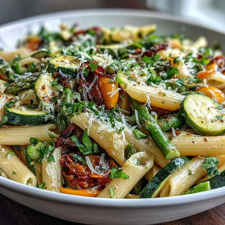 Spring Pasta Primavera with tender vegetables, fresh basil, and Parmesan, served in a bright, zesty lemon sauce.