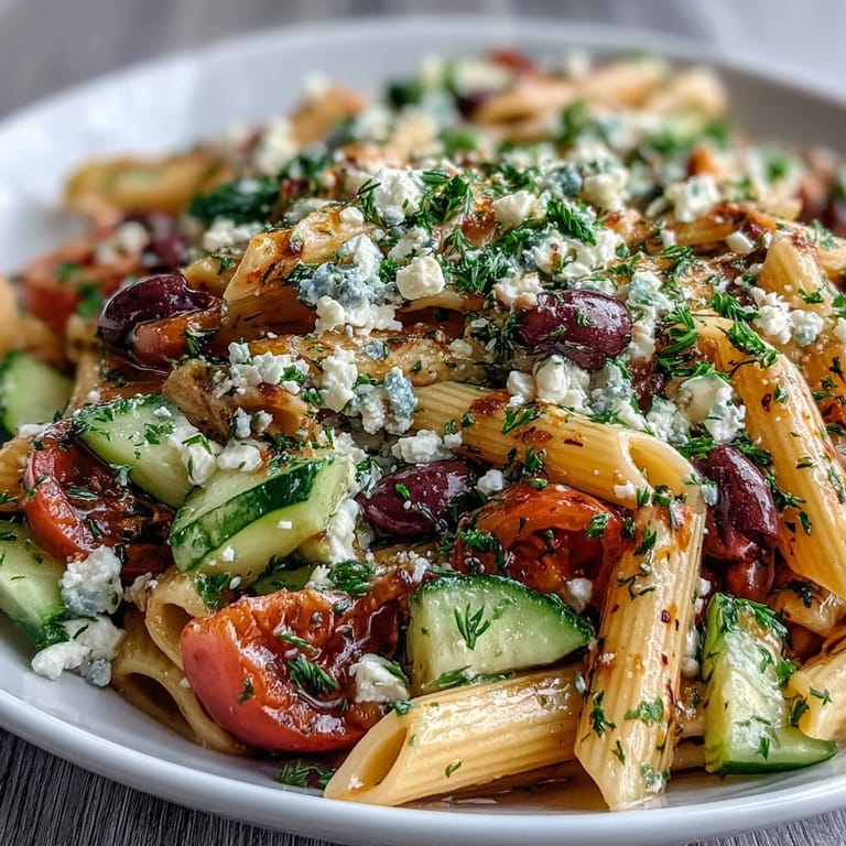 Colorful Greek-style pasta salad featuring al dente penne, briny Kalamata olives, and creamy feta cheese, perfect for picnics and barbecues.