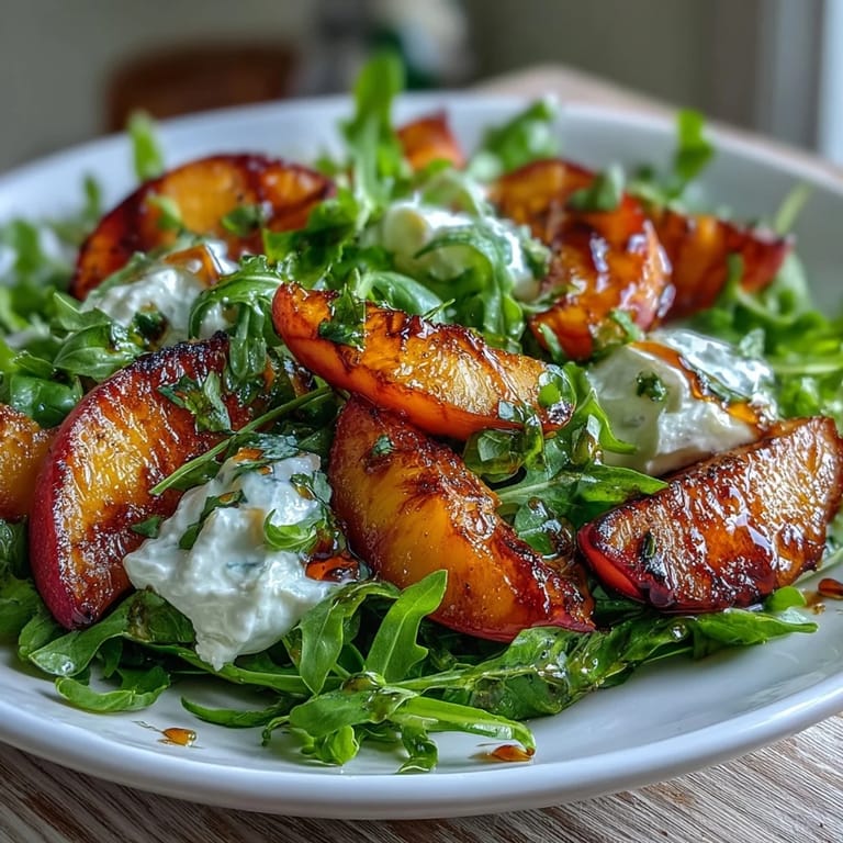 Sweet grilled peaches, burrata cheese, and honey drizzle create a vibrant summer salad with fresh greens.
