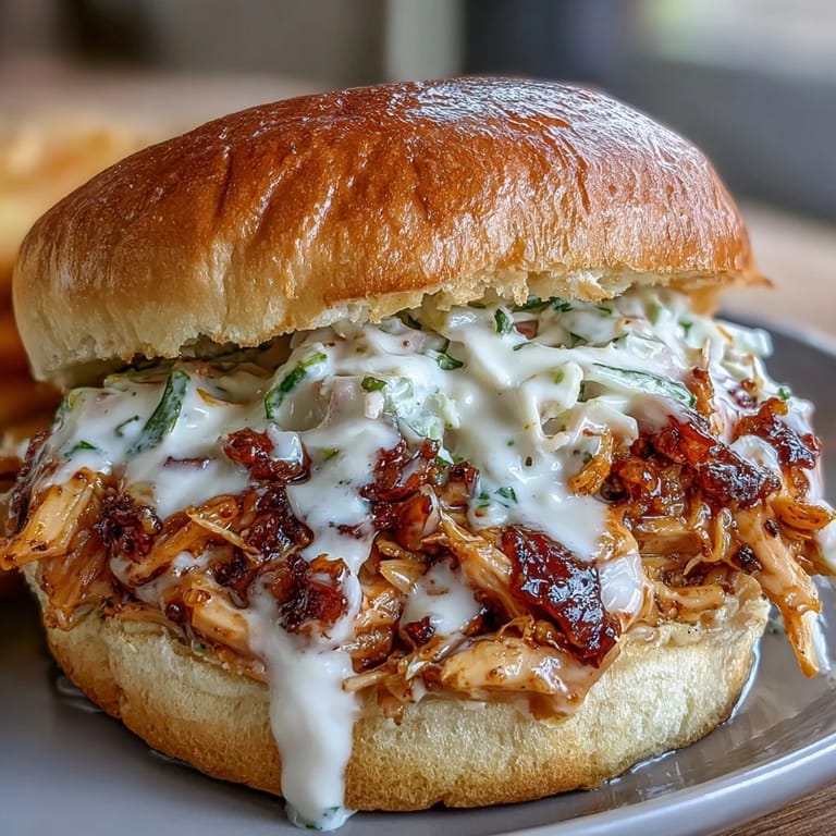 Flavorful smoked pulled chicken sandwich crowned with a drizzle of white sauce.