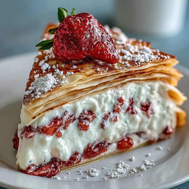 Delicate golden crêpes stacked with luscious strawberry mascarpone, creating an elegant Mother's Day dessert centerpiece.