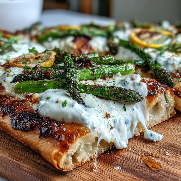 Vibrant flatbread scene: roasted asparagus, creamy burrata, lemon zest.