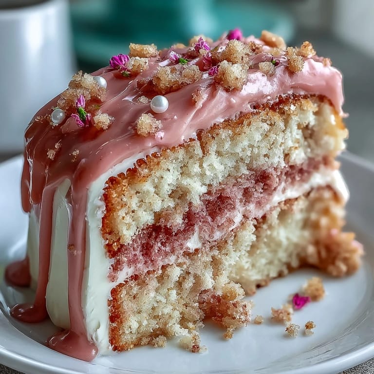 Delicate rosé-infused pink velvet cake topped with rich cream cheese frosting and edible gold drip decoration.  