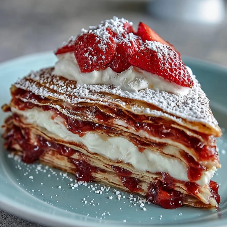 Stunning crêpe cake featuring tender layers of crêpes and strawberry mascarpone, garnished with fresh strawberries and powdered sugar.