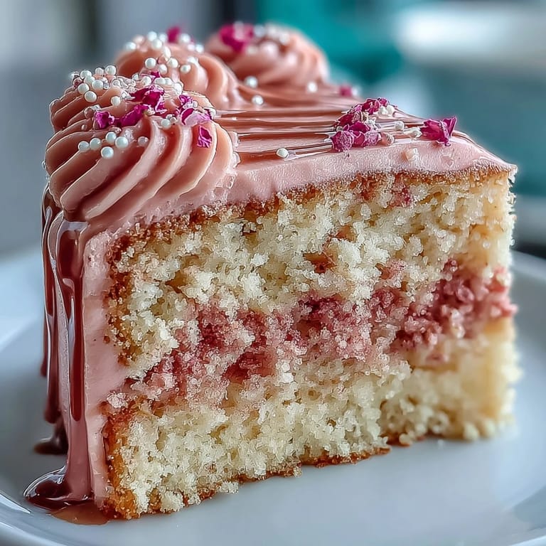 Bridal shower rosé velvet cake with blush pink layers, smooth frosting, and shimmering gold ganache drip.