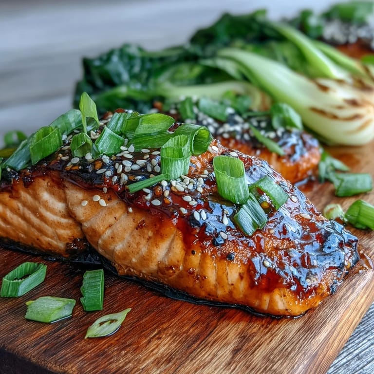 Juicy, oven-broiled miso salmon atop tender sesame garlic bok choy delight.