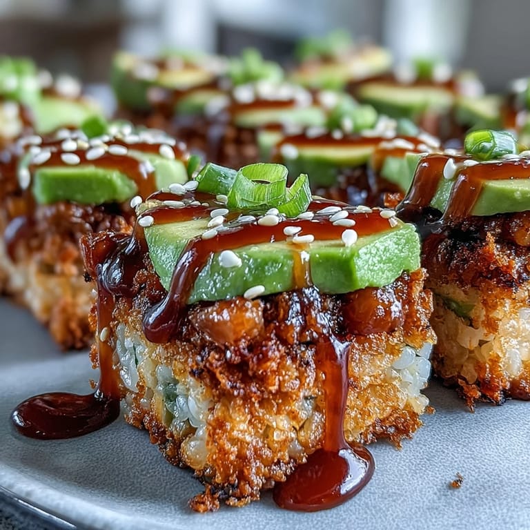 A viral appetizer: spicy tuna crispy rice bites with avocado, a party favorite.