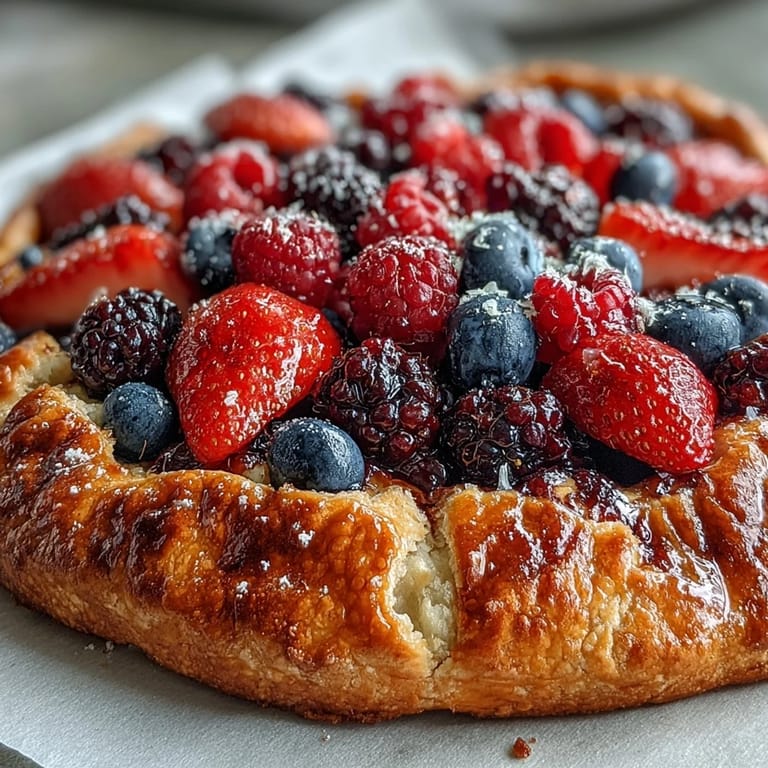 Close-up of a beautifully baked summer berry galette with a flaky almond crust.