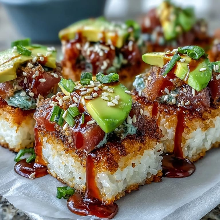 Savory bites: spicy tuna crispy rice appetizer drizzled with creamy, red chili sauce.
