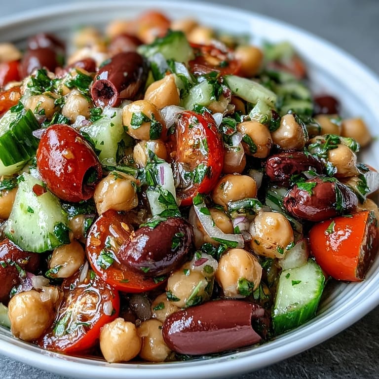 Hearty Mediterranean Chickpea Salad, a zesty and refreshing vegan dish ready in minutes.