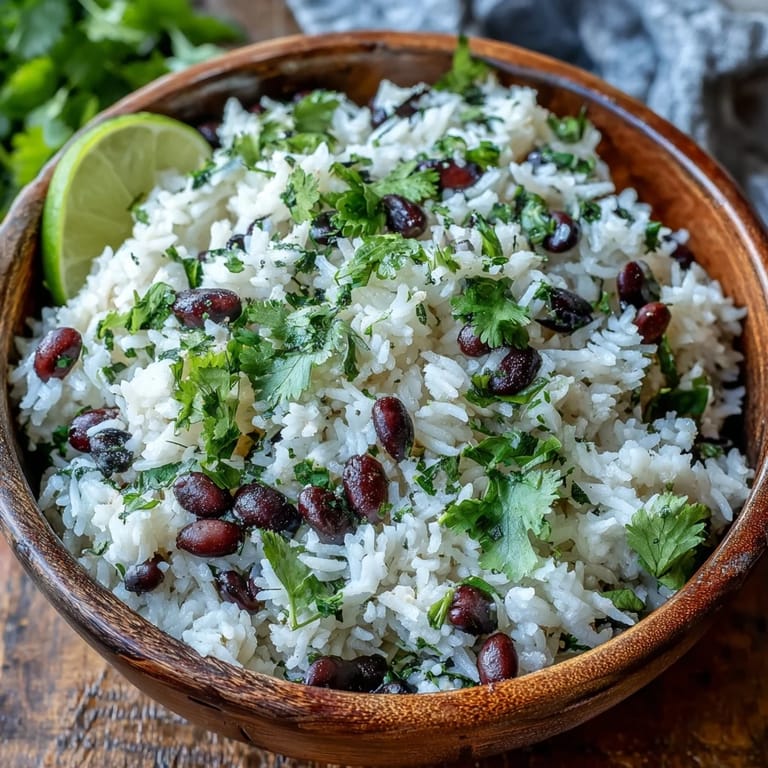 Vibrant Coconut Lime Rice dish, a flavorful side with beans and cilantro.