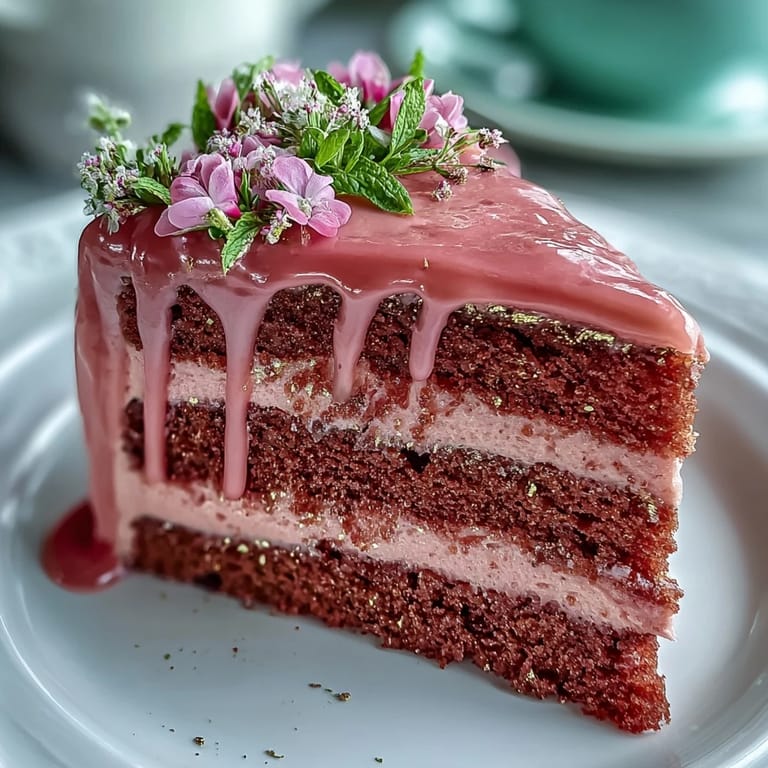 Blush pink Bridal Shower Rosé Velvet Cake with shimmering gold drip.