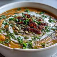 Golden Roasted Broccoli and Butternut Squash Soup in a rustic white bowl, garnished with pumpkin seeds and fresh parsley, steam rising gently.