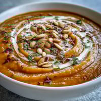 A bowl of creamy Butternut Squash and Apple Soup swirled with heavy cream and topped with toasted pumpkin seeds.  