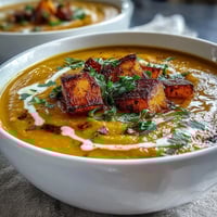 Velvety butternut squash and lentil soup, garnished with fresh cilantro and a swirl of coconut cream, served in a rustic bowl.