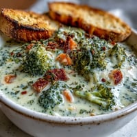 Golden roasted broccoli florets rest atop a creamy cheddar soup garnished with grated cheese and thyme.