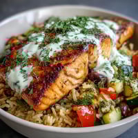 Golden, crispy rice forms the base of this Crispy Rice Salmon Bowl, topped with pan-seared salmon and vibrant Mediterranean vegetables.  